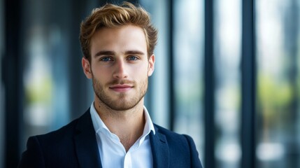 Obraz premium Detailed headshot of a young businessman with clear facial features, wearing a smart blazer, set against a contemporary office background