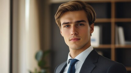 Fototapeta premium Detailed image of a young businessman with a clean, modern style, showing clear facial features and professional attire, in a stylish office
