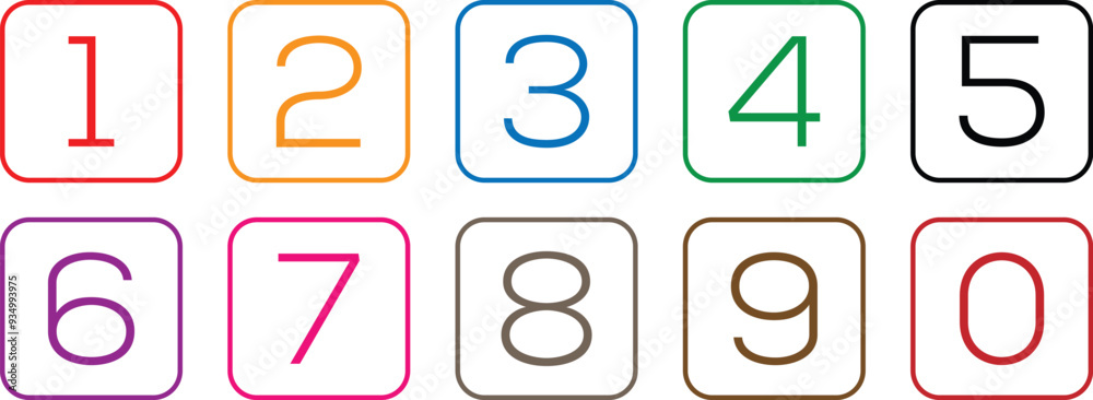 Poster simple numbers icon with different color rounded line rectangle. from 0 to 9. number button art vector illustration.