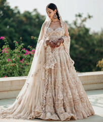 Elegant Indian bride in ornate embroidered wedding gown outdoors