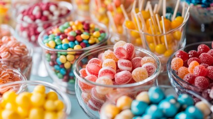 Detailed shot of a candy buffet with various types of colorful sweets, highlighting their textures and vibrant colors