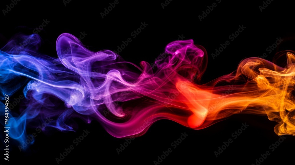 Aufkleber Detailed shot of colorful smoke billowing in vibrant hues, creating dynamic, abstract patterns against a black backdrop