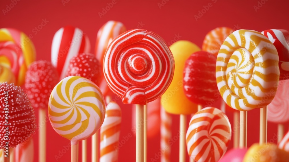 Poster Detailed view of a variety of lollipops with different shapes and colors, emphasizing their glossy and textured surfaces