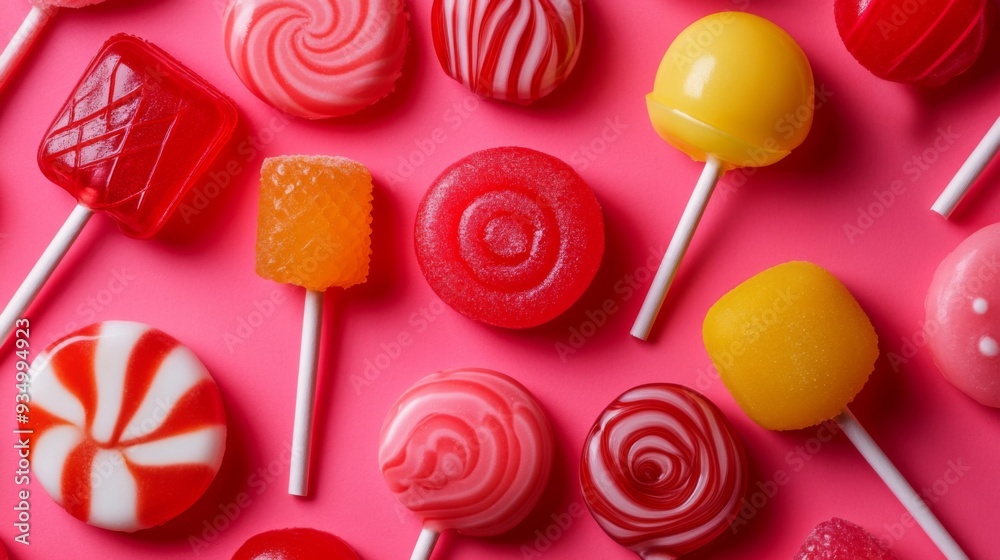 Poster Detailed view of a variety of lollipops with different shapes and colors, emphasizing their glossy and textured surfaces