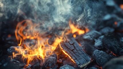 Detailed view of smoke emerging from a smoldering campfire, with a focus on the gradual dispersion and warm glow of the embers