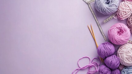Yarn, Knitting Needles, and Tape Measure on Purple Background