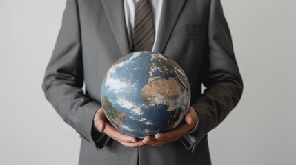 A man in a suit holds a globe with both hands against a white background.
