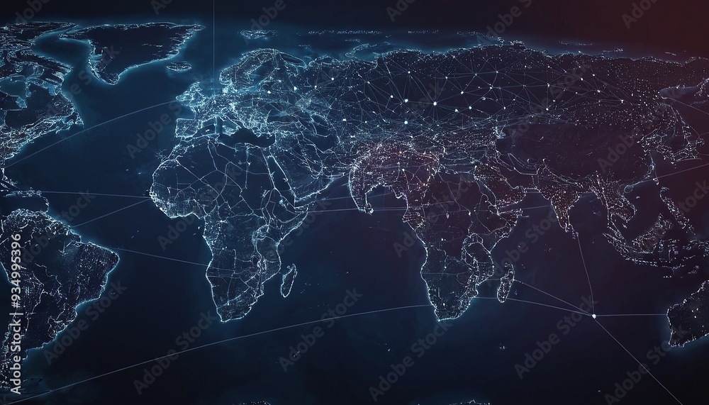 Poster metaverse technology is integrated into the world map and has interconnected line elements refers to