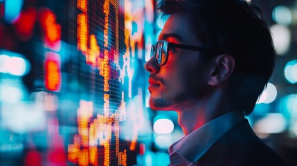 Naklejka premium Double exposure businessman and stock market or forex graph suitable for financial investment concept. Economy trends background for business idea and all art work design. Abstract finance background.