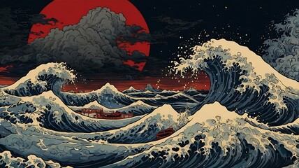 Traditional Japanese ukiyo-e style artwork depicting a dramatic ocean scene features a large, powerful wave dominating the right side, with intricate details of white foam and deep blue water