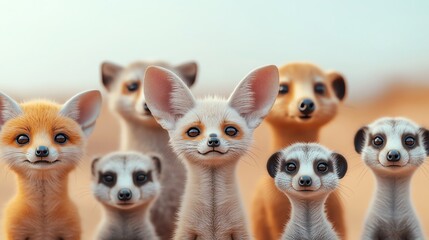 Obraz premium Adorable group of foxes and meerkats in the desert, showcasing cute expressions with a soft, pastel background.