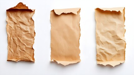 Three Torn Pieces of Brown Paper on White Background.