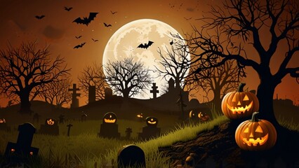 Haunted house halloween with fullmoon, bat, tree, grave, pumpin, elements for halloween greeting card