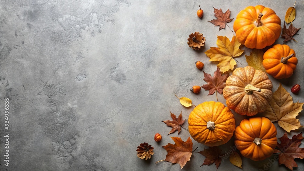 Sticker Autumn composition with pumpkins and dried leaves on pastel gray background , Autumn, fall, halloween, pumpkins