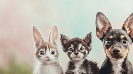 Obraz premium Cute rabbit, kitten, and puppy together against a pastel background. Adorable pets posing in a colorful setting for a charming photograph.