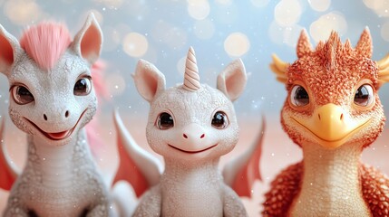 Cute fantasy creatures smiling: a magical unicorn dragon, white dragon, and red dragon with glittery light background. © watcharin