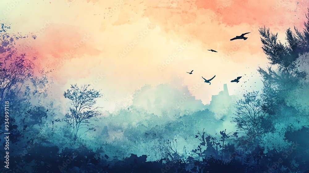 Canvas Prints watercolor landscape with birds