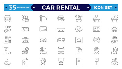 Car and rent simple minimal thin line icons. Related car rental, repair, transport, and travel. Car dealer, vehicle, and automobile industry-related outline icons set. Editable stroke outline icon. 