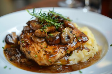 Naklejka premium Chicken breast with mushrooms and parsley on a white plate
