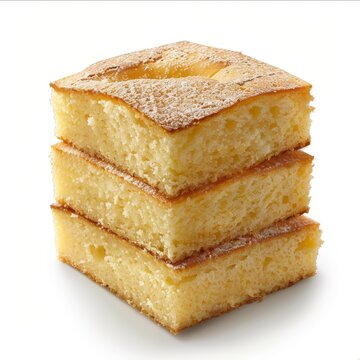 A stack of three golden brown sponge cakes, isolated on a white background.