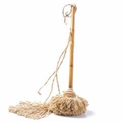 A traditional, handmade mop with a bamboo handle and natural fibers. The mop is isolated on a white background.