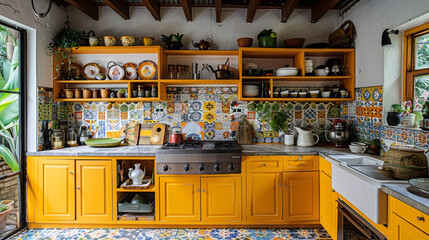 A colorful kitchen with bright yellow cabinets, open shelving, and a mix of patterned tiles. The...