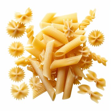 A variety of dry pasta shapes, including penne, farfalle, and rotini, isolated on a white background.