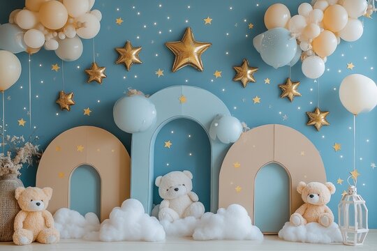 A blue and tan room with a blue archway and a white star