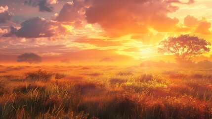 Obraz premium Beautiful sunrise over a meadow with trees