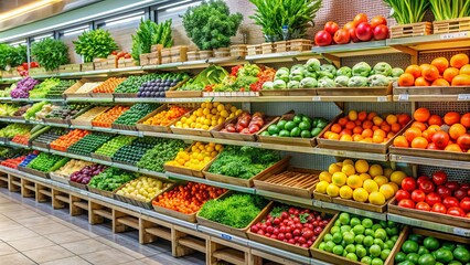 Obraz premium Fresh organic fruits and vegetables beautifully arranged on shelves in a supermarket , produce, healthy, grocery