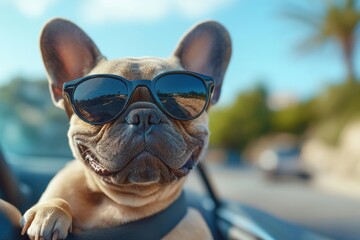 A dog wearing sunglasses is sitting in a car