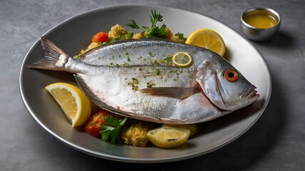 Delicious Fish dish with lemon and salad, Baked or fried salmon or tuna, seafood Healthy concept