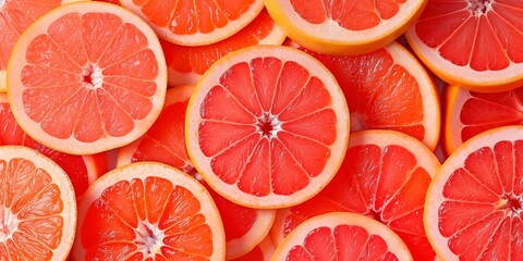Closeup of fresh, juicy grapefruit slices arranged in a pattern.