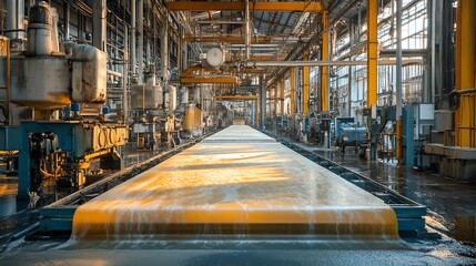 Modern processing plant with raw latex being turned into rubber sheets, latex processing, industrial transformation