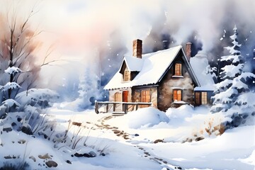 Naklejka premium Snow-covered cottage in a cozy and serene winter scene in watercolor style