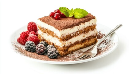 A slice of tiramisu on a white plate with raspberries, blackberries, a fork, and cocoa powder.