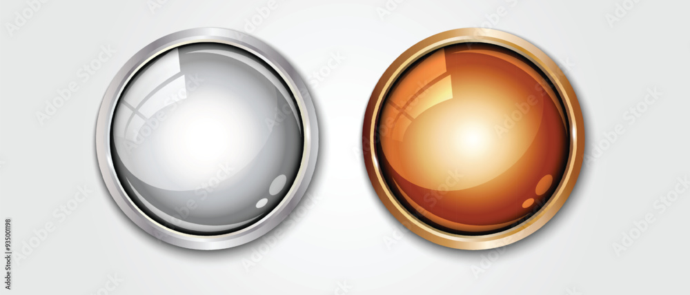 Poster set of realistic silver and golden glossy circle button vector illustration.