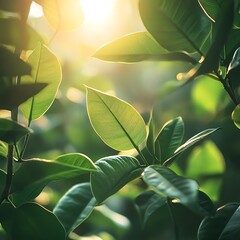 Obraz premium Sunlight filtering through rubber tree leaves in an ecofriendly plantation, natural rubber, environmental harmony