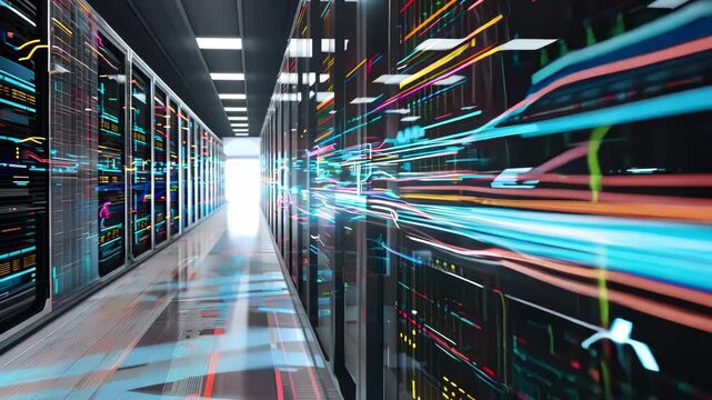 A vibrant corridor of servers showcasing data flow in a modern data center, illustrating advanced technology and connectivity.