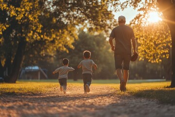 A man is running with two children in a park