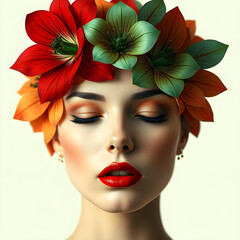 Naklejka premium An artistic image of a woman's face, frontal view, with eyes closed and wearing vibrant red lipstick. Her head is adorned with large, intricately illustrated flowers in shades of red and green,