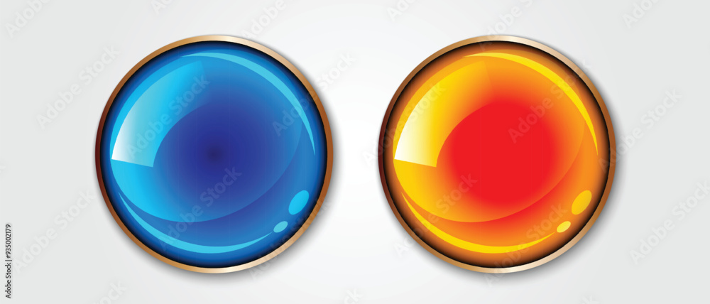 Poster set of realistic blue yellow glossy circle button vector illustration.