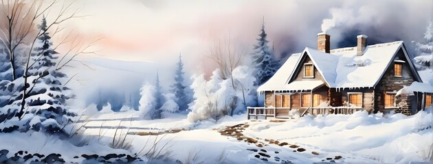 Fototapeta premium Snow-covered cottage in a cozy and serene winter scene in watercolor style
