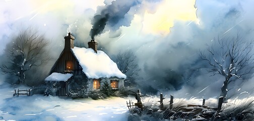 Fototapeta premium Snow-covered cottage in a cozy and serene winter scene in watercolor style