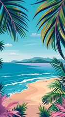 Obraz premium A peaceful beach setting showcases soft sand, gentle waves, and lush palm trees, perfect for unwinding and enjoying a tranquil getaway