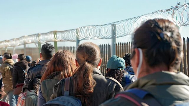 Group of migrants with backpacks waiting in line near a border fence with barbed wire. Concepts of immigration, human migration, and border control policies.