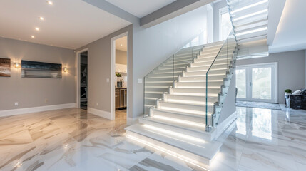 A modern stairway with floating glass steps, stainless steel railings, and a sleek, minimalistic design. 