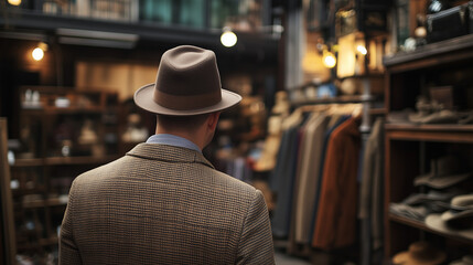 Obraz premium A stylishly dressed man walks through a retro clothing store, admiring vintage outfits and accessories amidst a warm, inviting atmosphere
