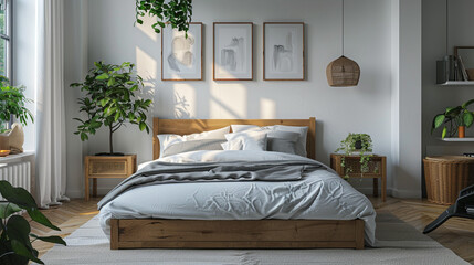 A Scandinavian bedroom with white walls, a light wood bed frame, and simple gray and white bedding. Minimalist decor and a few potted plants add to the clean, airy feel of the space.
