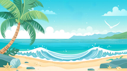 Naklejka premium A colorful beach illustration featuring a palm tree by the sea with gentle waves and a bright sky, creating a perfect vacation ambiance